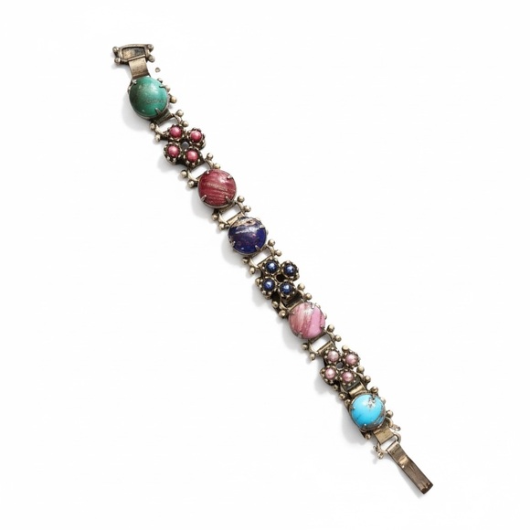 Vintage 1950s Boho Multicolor Glass Cabochon Bracelet165